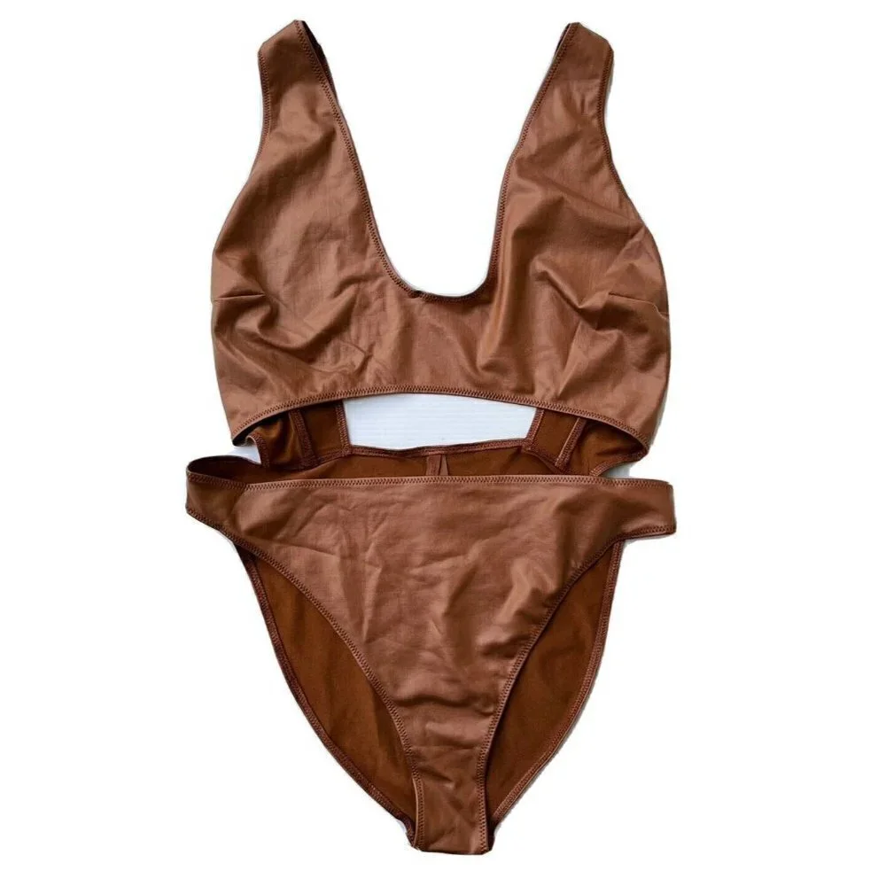 SKIMS Kim Kardashian Wet Jersey Cutout Swimsuit in Copper